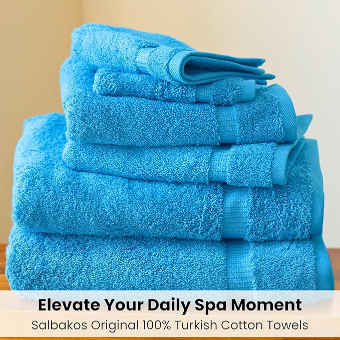 SALBAKOS 100% Turkish Cotton 6-Piece Towel Set | Heirloom Quality Hotel & Spa Collection | Soft, Super Absorbent 2 Washcloth, 2 Hand, 2 Bath Towel Sets | Made in Turkey (Aqua, 6 Piece Towel Set)