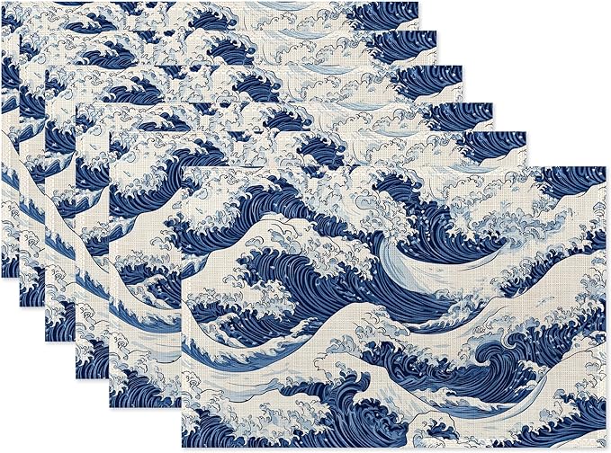 Ocean Wave Placemat Set of 6,Japanese Heat Resistant Linen Table Mats for Indoor Outdoor Home Kitchen Dining Room Table 12x18Inch