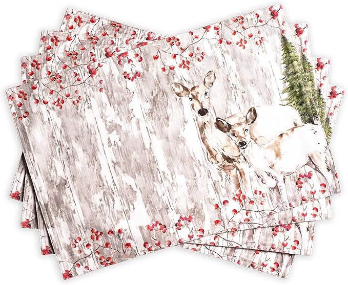 Maison d' Hermine Placemats Set of 4 100% Cotton Washable Cloth Place Mats, Reusable Table Mats for Thanksgiving Christmas Decorations Kitchen Dining Party Wedding (Mountain Life, 13" x 19")