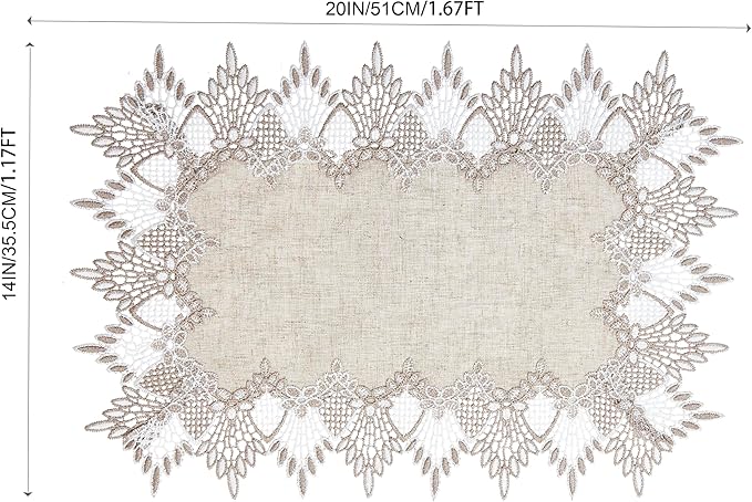 Natural Linen Placemats 14”x20” Set of 2, Neutral Earth Tones Beige Lace Coffee Doily Table Topper Dresser Scarf Place Mats (Set of 2, Natural)