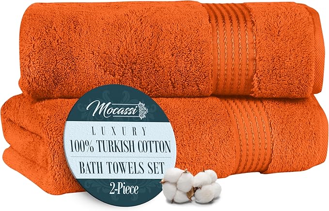 Mocassi Luxury 100% Turkish Cotton 2-Pack Bath Towel Set- Ultra Soft, Quick Dry Highly Absorbent 27 x 54 inch Premium Spa Hotel Quality 2PC Bath Towels - Luxurious Soft Bathroom Towels, Orange