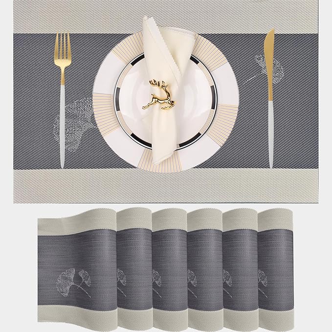 PIGCHCY Rustic Placemats Set of 6, Easy to Clean Placemats Washable Non-Slip Luxurious Durable Table Mats for Home/Dining Room Decoration (Black Gray,18 X 12 inches)