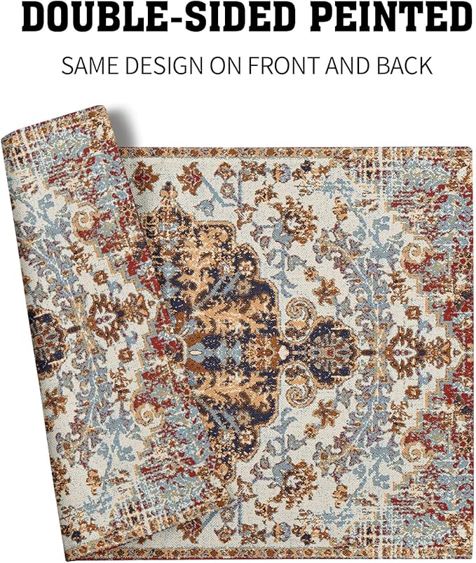 Ethnic Boho Placemats Set of 4 Southwest Brown Blue Carpet Woven Texture Linen Washable Kitchen Dining Table Mats Stain Heat-Resistant Desktop Decor Place Mats for Home Party Indoor 12x18 in