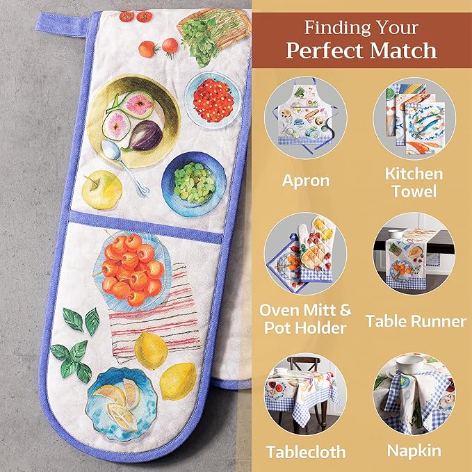 Maison d' Hermine Double Oven Mitts 100% Cotton 7"x35" Double Oven Mitt Heat Resistant BBQ Cooking Gloves with Loop Baking Grilling Gifts for Mothers Day Spring Summer (Gourmand)