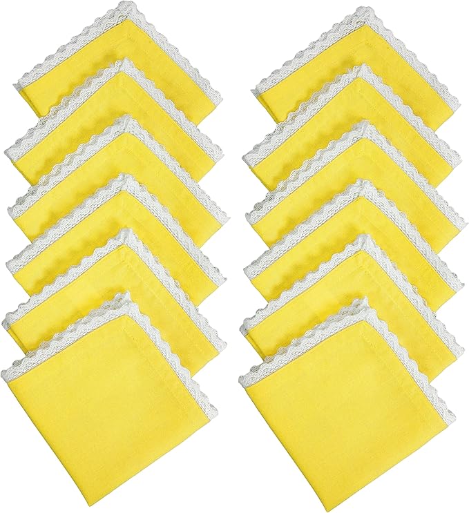 Fingercraft Dinner Cloth Napkin Cotton Linen Blend 12 Pack 12In Mitered Corners with Elegant Lace for Everyday Use Napkins Cloth are Pre Shrunk and Good Absorbency Yellow