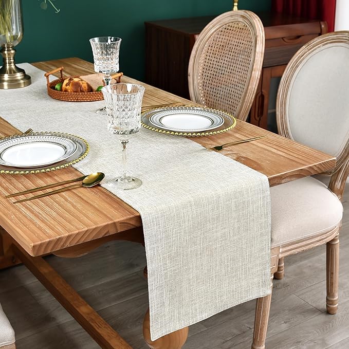 Farmhouse Rustic Faux Linen Table Runner Neutral Beige Table Runners Double Layer Reversible Rectangle Runners for Daily Use Kitchen Dining Banquet Holiday 13x48 Inch