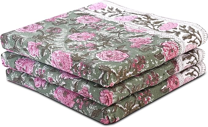 CPC Pink Tourmaline Hand Block Print Waffle Kitchen Towel Set of 3-16 x 28 Inch Ultra Absorbent Quick Dry Cotton Lightweight Reusable Sustainable Tea Towels for Cleaning and Drying Gift for Christmas