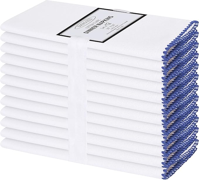 Cotton Clinic Cloth Napkins with Trim - Everyday Use Table Dinner Napkins - Soft Durable Washable - Ideal for Dinner Party Wedding Christmas Easter - Set of 12-20x20 inches Navy Blue White Napkins