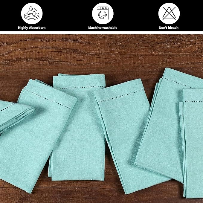 Bedding Craft Cotton Cloth Dinner Napkins Set of 12 – 18x18 Aqua with Hemstitched Mitered Corners – Reusable Machine Washable Napkins for Weddings, Parties & Table Decorations