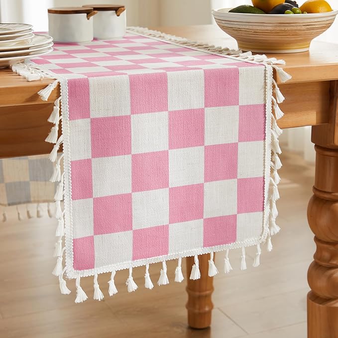 Ohocut Pink Checkered Table Runner with Tassel Farmhouse Rustic Vintage Retro Linen Table Runner 72 Long for Dinning Race Party Decoration 13''x72''