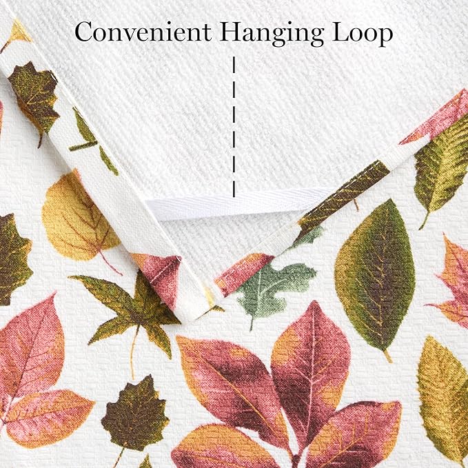 Martha Stewart Autumn Harvest Falling Leaves Kitchen Towel 3-Pack Set, 100% Cotton with Absorbent Terrycloth, Decorative Kitchen Towels, Tan/Red/Green, 16"x28"