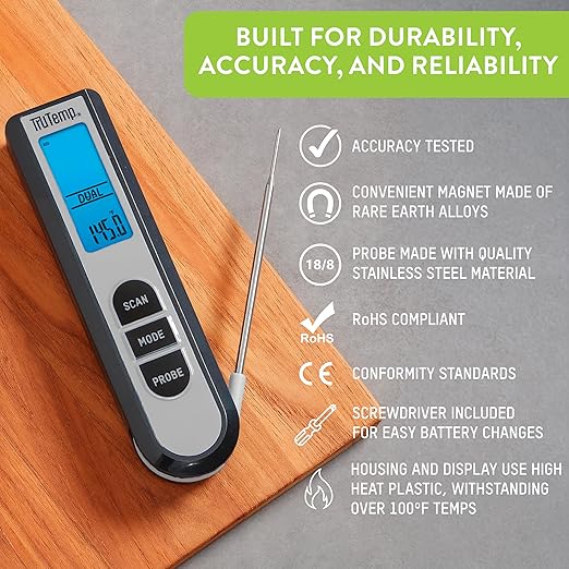 Taylor TruTemp Dual Instant Read Infrared Meat and Food Thermometer, Digital for Cooking, IPX5 Splash Proof Design, Plus Meat Probe for BBQ, Kitchen, Smoker, and Grilling, Gray