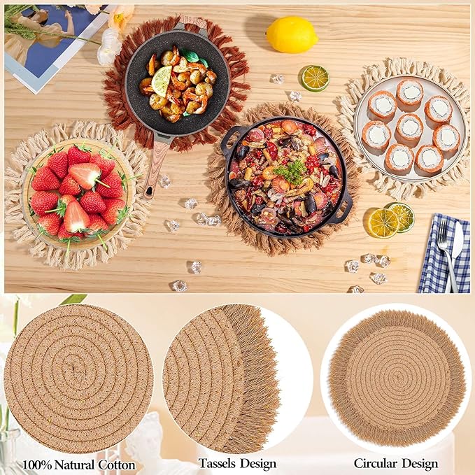 13 Inch Round Cotton Placemat Set of 4 Boho Placemats Table Mats Woven Washable Table Placemats for Fall Kitchen Dining Home Farmhouse Thanksgiving Christmas Decoration Heat Resistant Place Mat