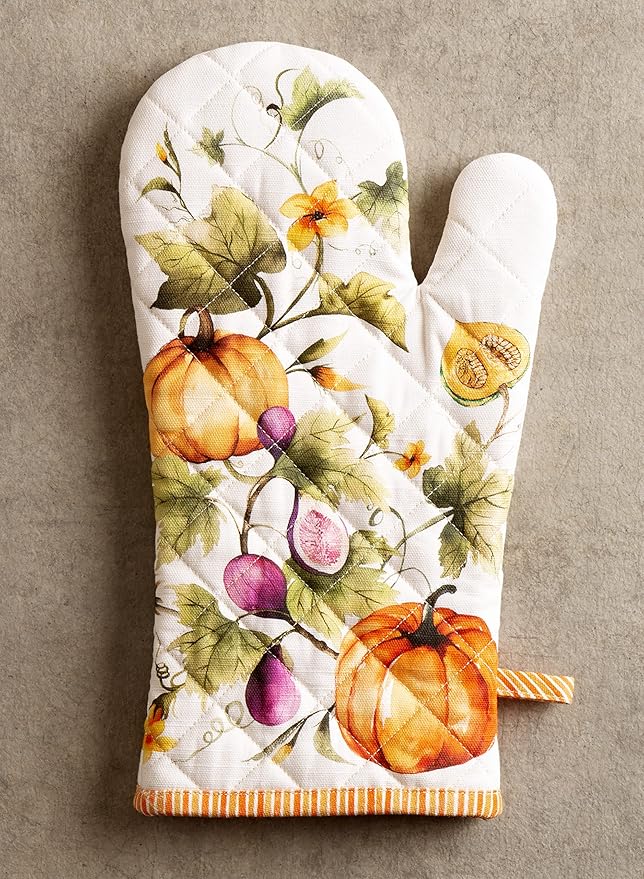 Maison d' Hermine Oven Gloves 100% Cotton Oven Mitt 7" x 13" with Loop Heat Resistant Cooking Gloves for Thanksgiving Christmas Decorations Handling Hot Pans (Pack of 1, Pumpkin Garden - Cloudy Cream)