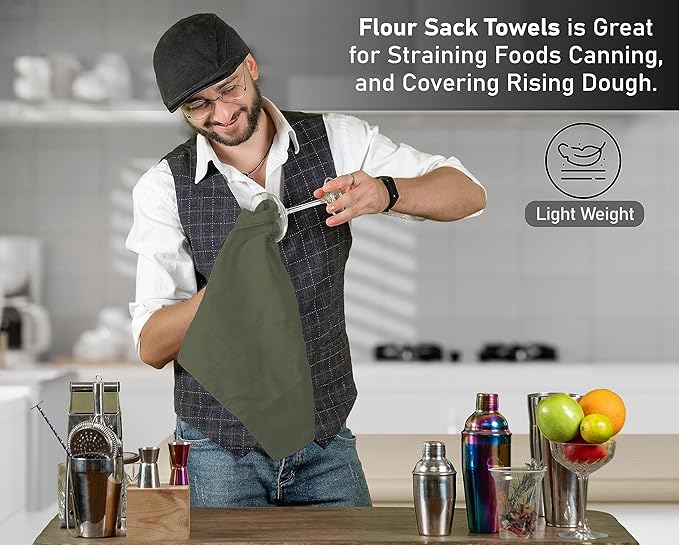 RUVANTI Flour Sack Towels 24 Pack 28x28 Inch, 100% Cotton Tea Towel, Reusable, Machine Washable, Absorbent BarTowels - Dish Cloth Perfect for Drying Dishes & Cleaning - Martini Olive