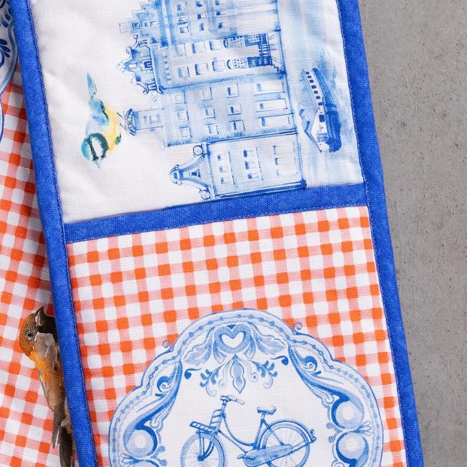 Maison d' Hermine Double Oven Mitts 100% Cotton 7"x35" Double Oven Mitt Heat Resistant BBQ Cooking Gloves with Loop Baking Grilling Gifts for Mothers Day Spring Summer (Amsterdam Canals)