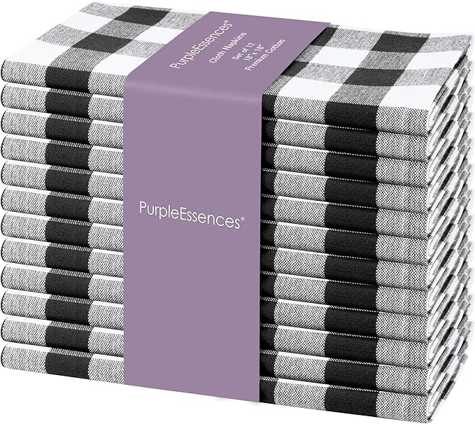 PurpleEssences Buffalo Plaid Cloth Napkins - Mitered Corners - Spring Easter Summer - Gingham Check Dinner Napkin - Set of 12-100% Cotton - 18x18 Inch - Reusable Washable - Black and White