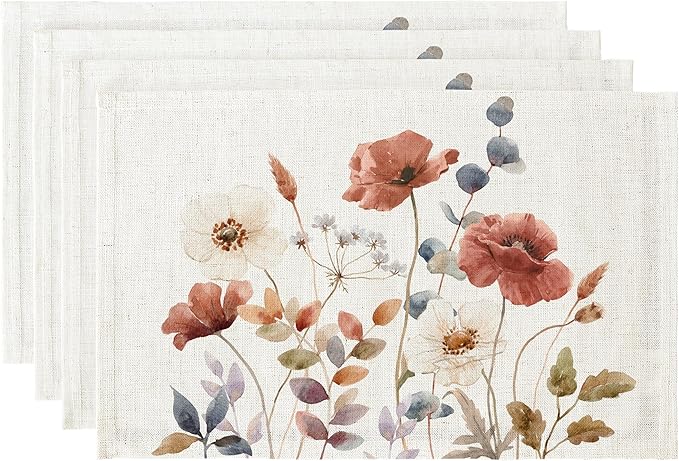 LilyCat Linen Fabric Floral Placemats, Waterproof Durable Boho Dining Table Mats for Kitchen, Rustic Vintage Washable Place Mats Set of 4, 18’’× 12’’
