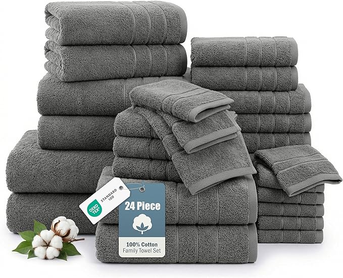 100% Cotton Bath Towels Set of 24 – 2 Bath Sheets, 2 Large Bath Towel, 2 Gym Towels, 4 Fingertip, 6 Hand, 8 Washcloths, Soft & Quick Dry, Premium Hotel Quality Comfort, Easy To Wash – Ultimate Grey
