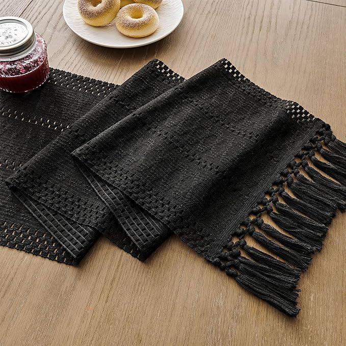 ZeeMart Macrame Style Boho Table Runner, Black Table Runners 36 Inches Long, Farmhouse Woven Home Decor, 12x36 Inch, Black