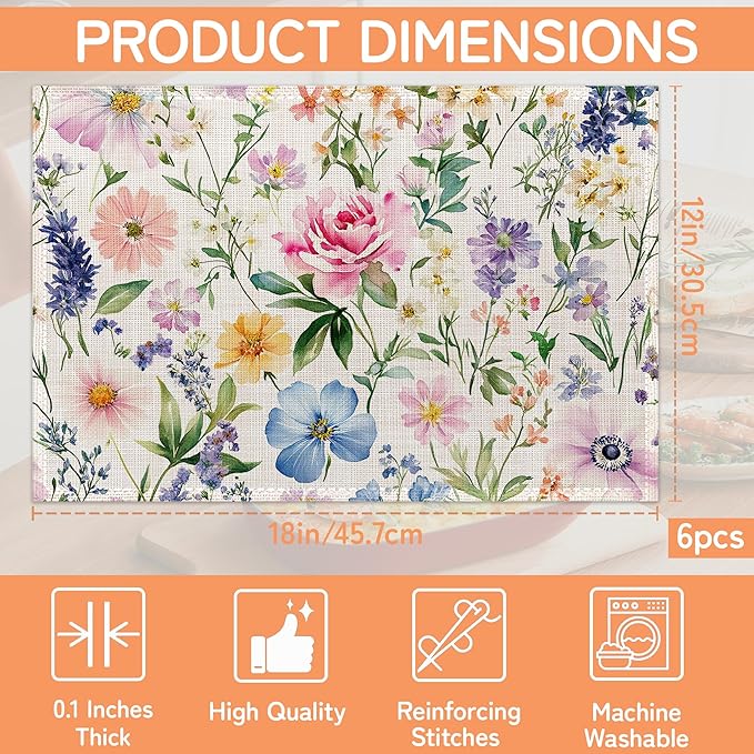 Wildflowers Floral Placemats Set of 6,Plants Waterproof Heat Resistant Dining Table Plate Mat for Home Kitchen Dining Table 12x18Inch