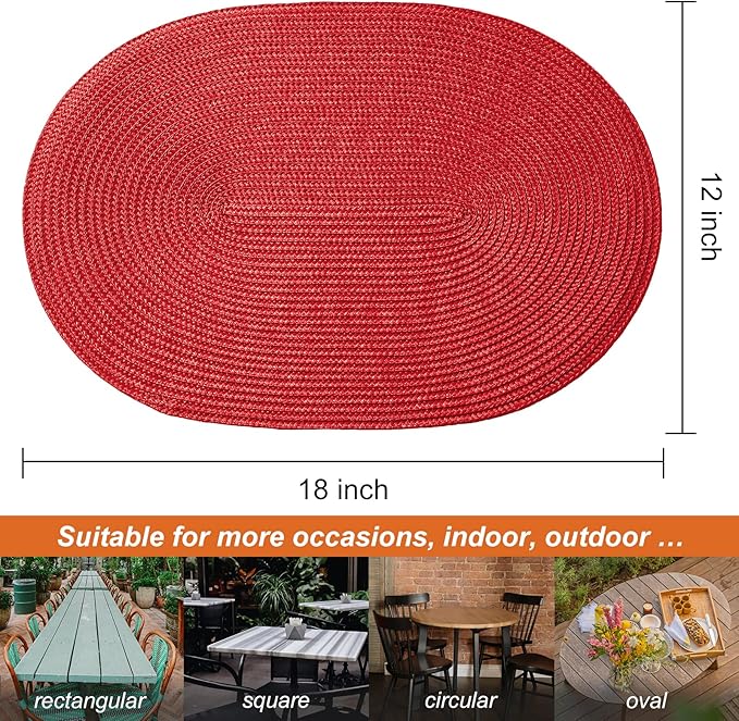 AHHFSMEI Placemats Set of 4 for Dining Table Washable Woven Non-Slip 18x12 inches Placemat Heat-Resistant Durable Table Mats for Dining Table Easy to Clean (Oval red, 4)