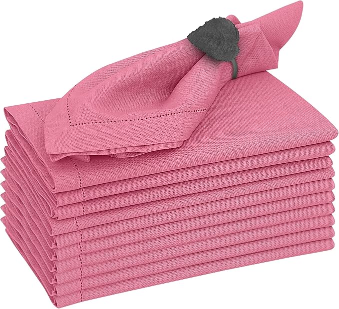 Ruvanti Premium Linen Napkins Set of 6-20x20 Inch, Classic Hemstitch, Mitered Corner Cloth Napkins ‎‎- Soft, Elegant Dinner Napkins Cloth Washable for Weddings, Parties, Everyday Use - Pink