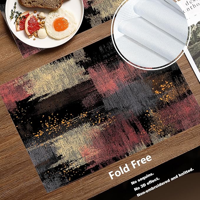 Batmerry Artwork Dark Tones Placemats, Artistic Expression Muted Color Washable Linen Table Mats for Kitchen Table Double Insulation Decor Dining Set Indoor Outdoor 12X18 in Set of 6