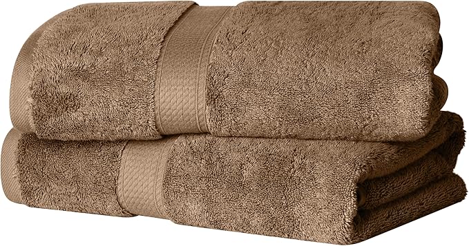 SUPERIOR Egyptian Cotton Pile Bath Towel Set of 2, Ultra Soft Luxury Towels, Thick Plush Essentials, Absorbent Heavyweight, Guest Bath, Hotel, Spa, Home Bathroom, Shower Basics, Latte