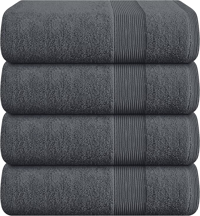 Belizzi Home 4 Pack Bath Towel Set 27x54, 100% Ring Spun Cotton, Ultra Soft Highly Absorbent Machine Washable Hotel Spa Quality Bath Towels for Bathroom, 4 Bath Towels Grey