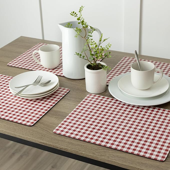 Benson Mills Cork Placemats Set of 4, Thick Cork Place Mats for Kitchen and Dining Tables, Easy Clean Table Mats (12" x 16" Rectangular Set of 4, Gingham Check Red)
