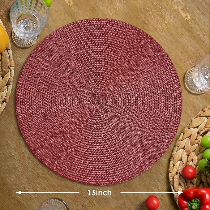 FunWheat Round Braided Placemats Set of 4 Table Mats for Dining Tables Woven Washable Non-Slip Place mats 15 inch(Wine,4pcs)