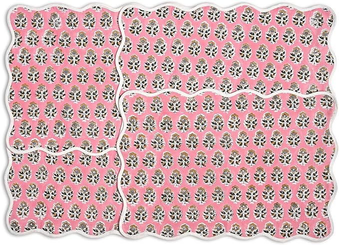 CPC Cotton Placemats Poopy Pink Set of 4-Hand Block Printed Reversible Placemats, Flower Scalloped & Embroidered Cloth Table Mats - 14 x 20 inch Gift for Spring, Mother's Day