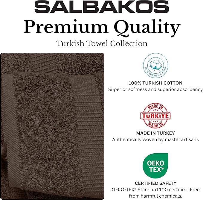 SALBAKOS 100% Turkish Cotton Hand Towel Set of 6 16x30 inch | Premium Quality | Hotel & Spa Collection | Soft, Super Absorbent, Long Lasting Hand Towels | Made in Turkey (Chocolate, 6 Hand Towels)
