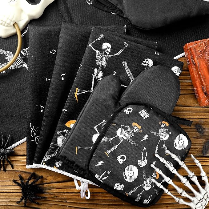 Leinuosen 8 Pcs Skull Kitchen Decor Set Kitchen Towels Gothic Oven Mitts and Pot Holders Skeleton Hand Dish Towels Horror Oven Mitts for Home Decoration Party Gifts (Modern Color,Music)