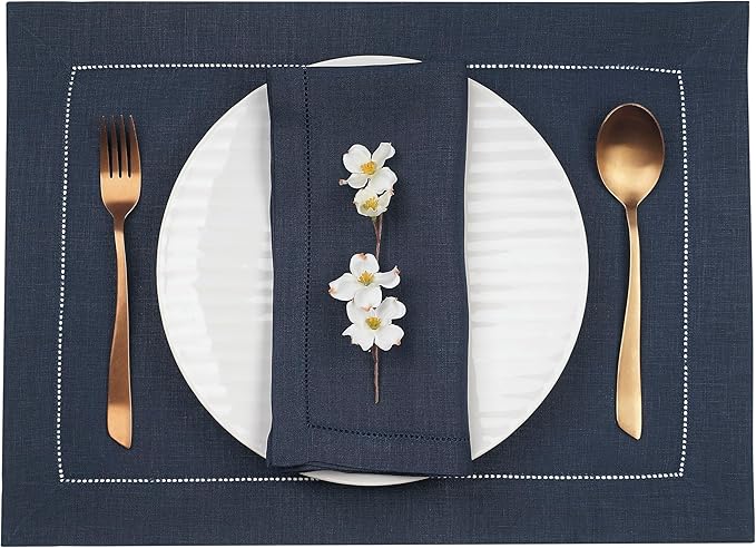 D'Moksha Homes Linen Placemats Set of 4 - Classic Hemstitch Navy Blue Placemats 14 x 19 Inch - 100% Pure Linen Table Mats for Spring - Handcrafted and Machine Washable