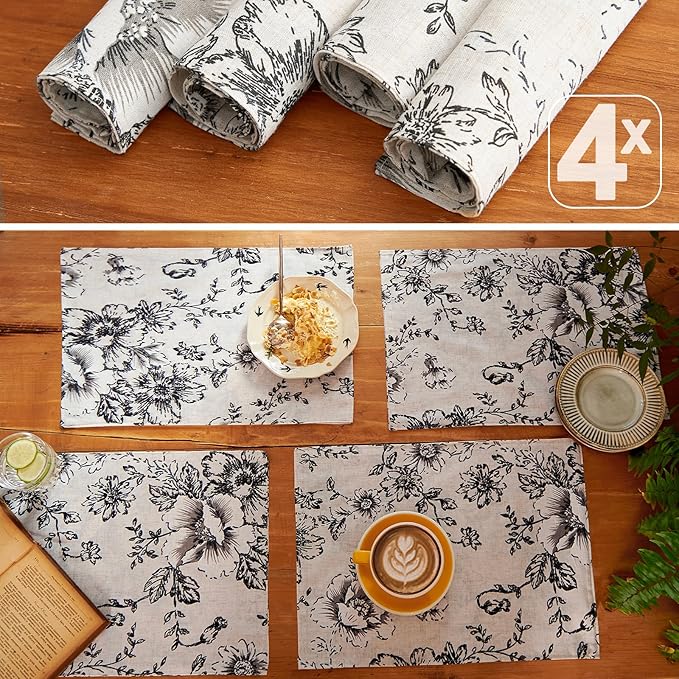 JINCHAN Floral Placemats Set of 4 Farmhouse Linen Placemats Cloth Table Mats Holiday Seasonal Rustic for Kitchen Dining Table Decor Heat Resistant Washable Tablemats 13x19 Inch Black