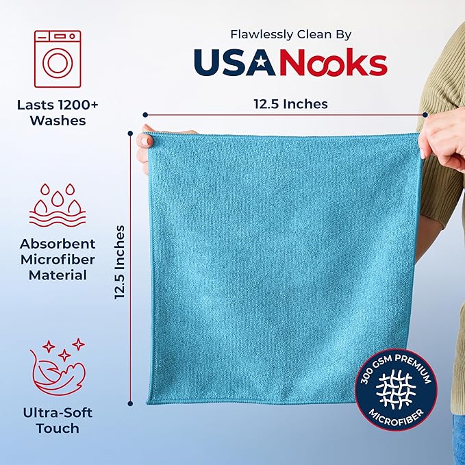 USANOOKS Microfiber Cleaning Cloth - Turq - 50Pcs (12.5x12.5 inch) High Performance - 1200 Washes, Ultra Absorbent Car Towel Traps Grime & Liquid for Streak-Free Mirror Shine - car Washing Cloth