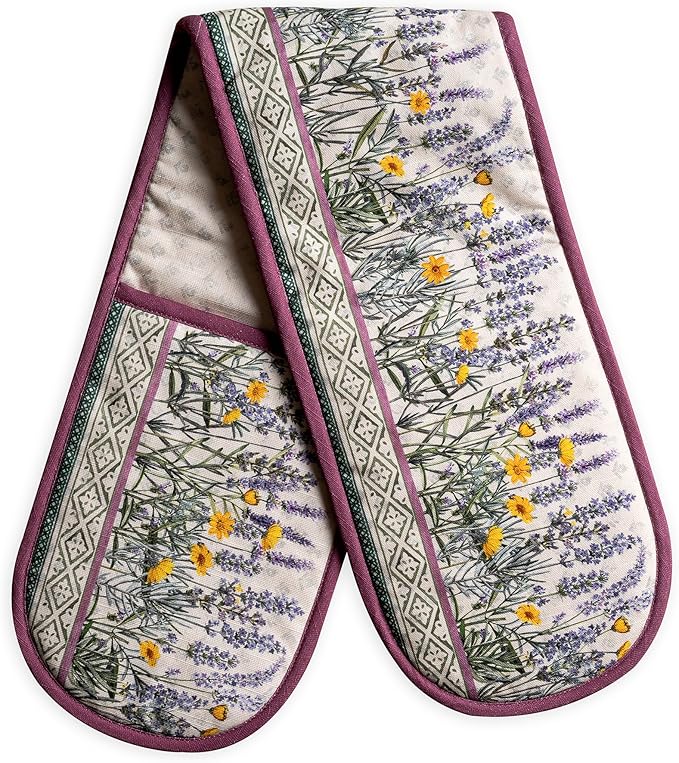 Maison d' Hermine Double Oven Mitts 100% Cotton 7"x35" Double Oven Mitt Heat Resistant BBQ Cooking Gloves with Loop Baking Grilling Gifts for Mothers Day Spring Summer (Fanny Lavender)