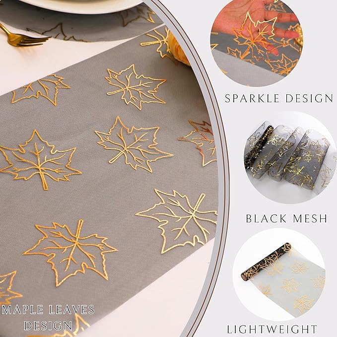 Snowkingdom Fall Table Runners, Gold Maple Leaves Thanksgiving Table Decorations for Autumn Harvest Sequin Glitter Lightweight Black Thin Mesh Sparkle Farmhouse Dining Party Decor 120 Inch