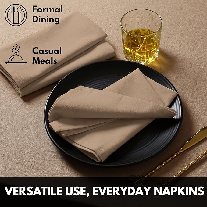 Napkins 100% Cotton Decorative Napkin Washable Cloth Napkins Set of 12 for Home, Wedding, Restaurant, Buffet Party & Camping - Beige Natural (17"x17")