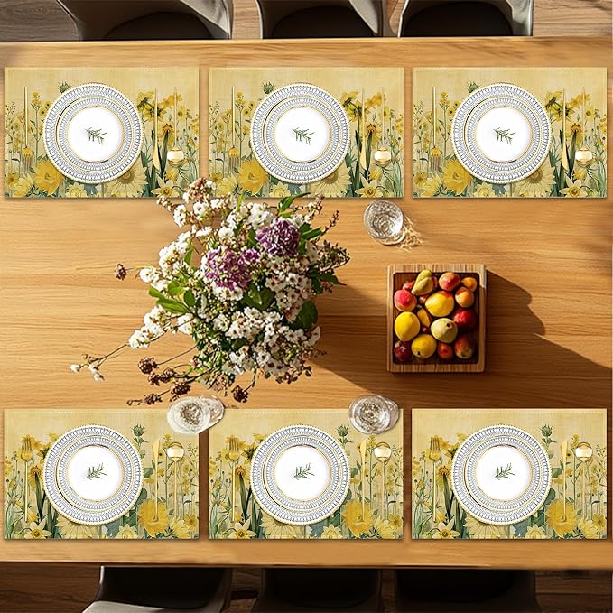 Placemats12x18 Inch,Yellow Floral Placemats,Sunflower Daisy Kitchen Dining Coffee Table Mats Set of 6 for Home Indoor Outdoor Party