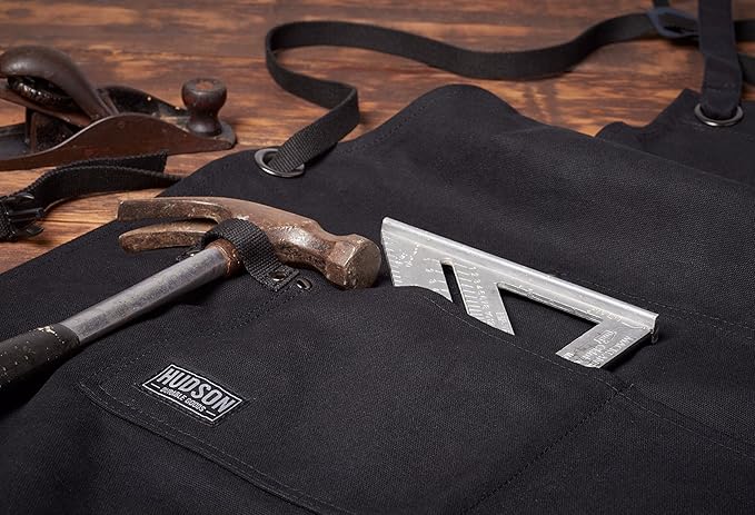 Hudson Durable Goods Deluxe Edition Waxed Canvas Tool Apron for Men and Women, Heavy Duty Work Apron with Front Pockets, Adjustable Padded Straps, Quick Release Buckle, Crossback - One Size, Black