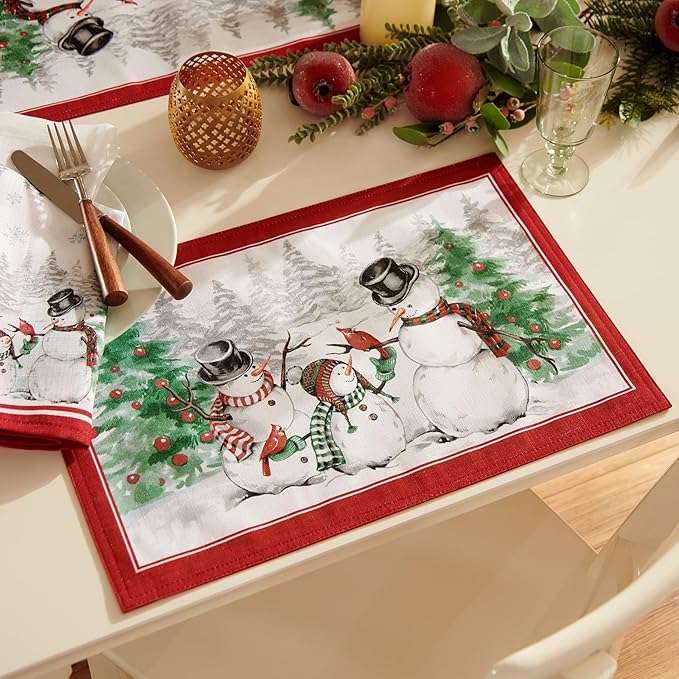 Elrene Home Fashions Snowman Winterland Holiday Snowflake Placemats, Set of 4, 13 Inches x 19 Inches