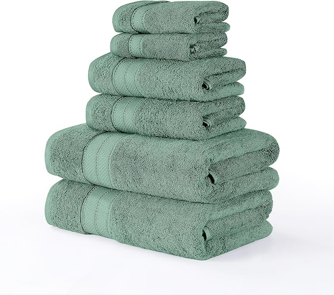 Modern Threads - Spun Loft 6-Piece 100% Combed Cotton Towel Set - Bath Towels, Hand Towels, & Washcloths - Super Absorbent & Quick Dry - 600 GSM - Soft & Plush, Eucalyptus