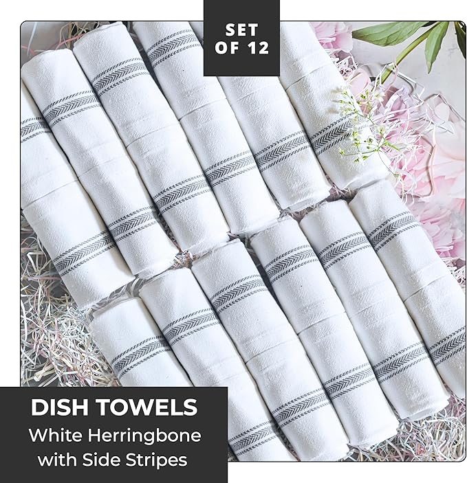 Bulk Kitchen Towels Cotton for Chefs in Commercial Restaurants - 15"X25" - 12 Pack - White Linen Tea Dish Towels - Lint Free Soft Absorbent Side Gray Striped Herringbone Weave Towles
