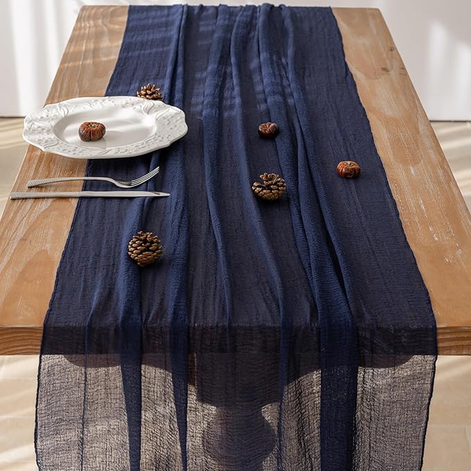 Keketoarrange 6pcs Navy Gauze Rustic Cheesecloth Table Runner 120 Inch 10 FT for Wedding Baby Shower Bridal Shower Birthday Engagement Garden Outdoor Party Long Sheer Boho Decorations