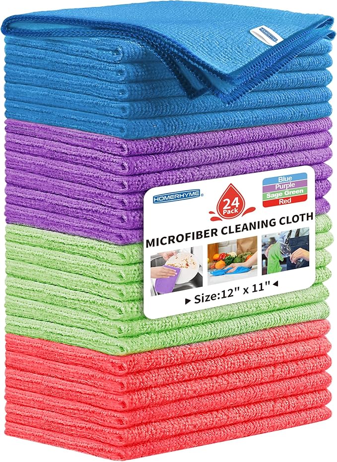 Microfiber Cleaning Cloth, 24 Pack Cleaning Rags,12" X 11" Lint Free Dish Towels Wash Cloths, Reusable Microfiber Towels for Home and Kitchen Bathroom Apartment Cleaning Supplies, Assorted