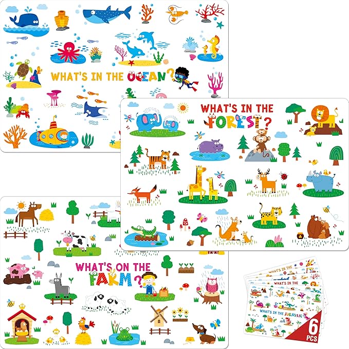 6 Pack Placemats for Kids, Non-Slip Washable, Reusable Placemat - Dinosaur, Farm/Wild/Marine Animals, Construction Site, Universe, Educational Placemats for Home, Kindergarten, Classroom, Nursery
