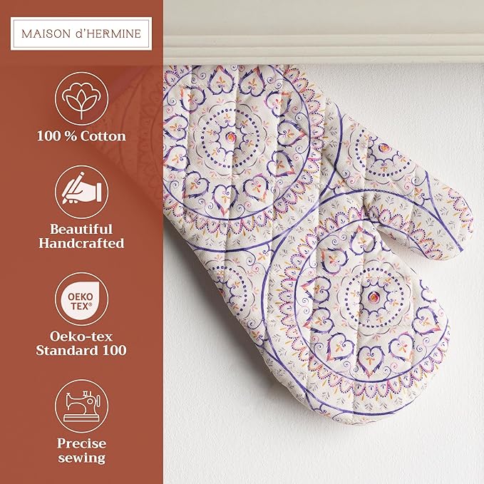 Maison d'Hermine Oven Gloves 100% Cotton Oven Mitt 7" x 13" with Loop Heat Resistant BBQ Cooking Gloves Baking Grilling Gifts for Mothers Day Spring/Summer (Pack of 1, Mandala)